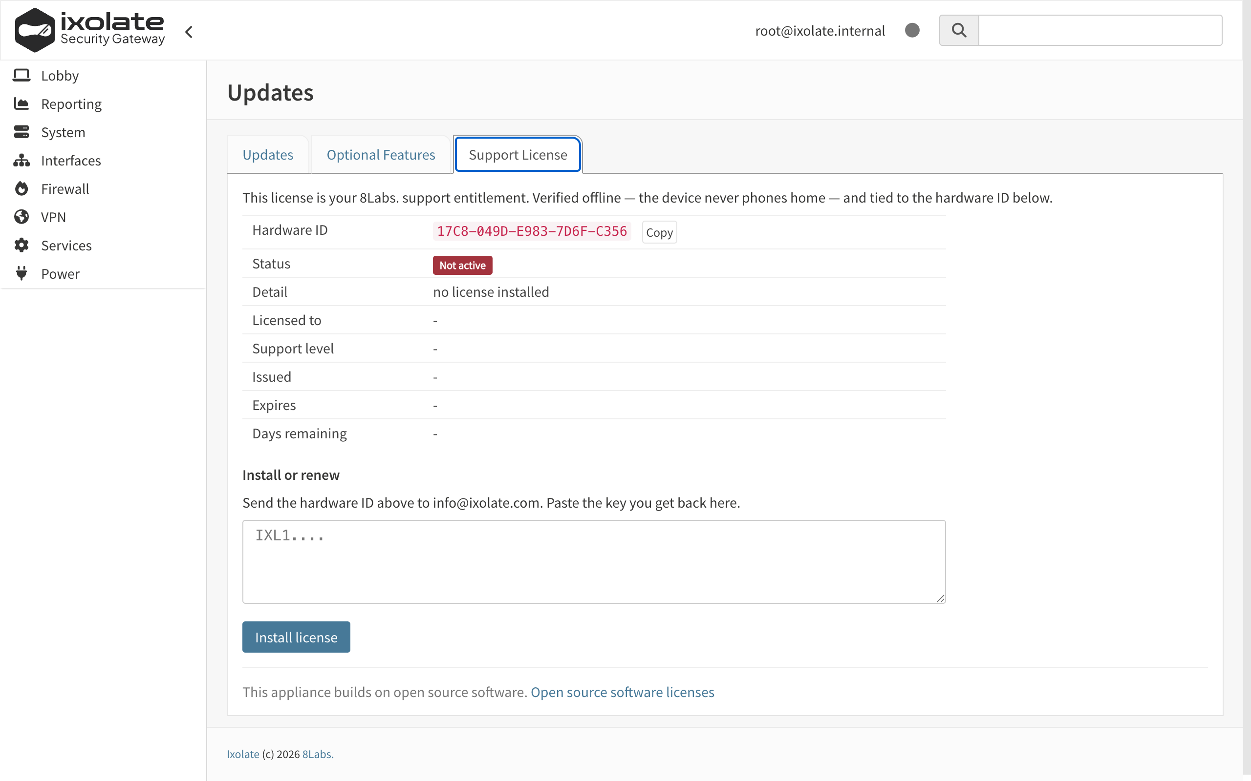 Support License tab with the hardware ID