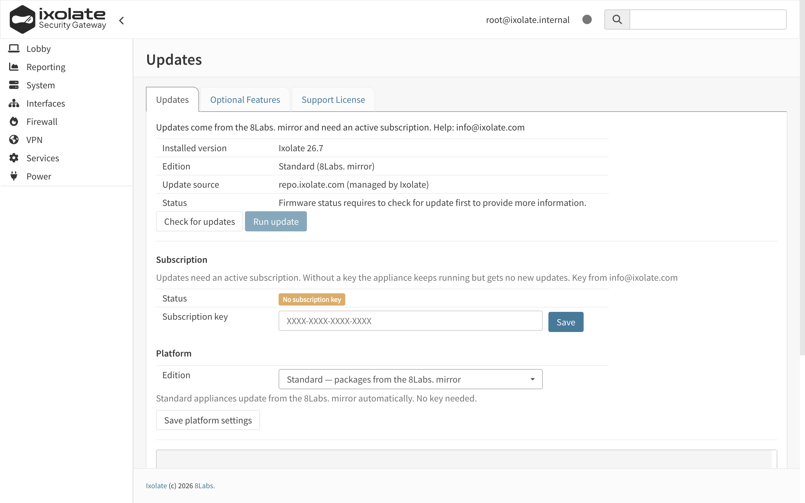 System › Updates & License, Updates tab